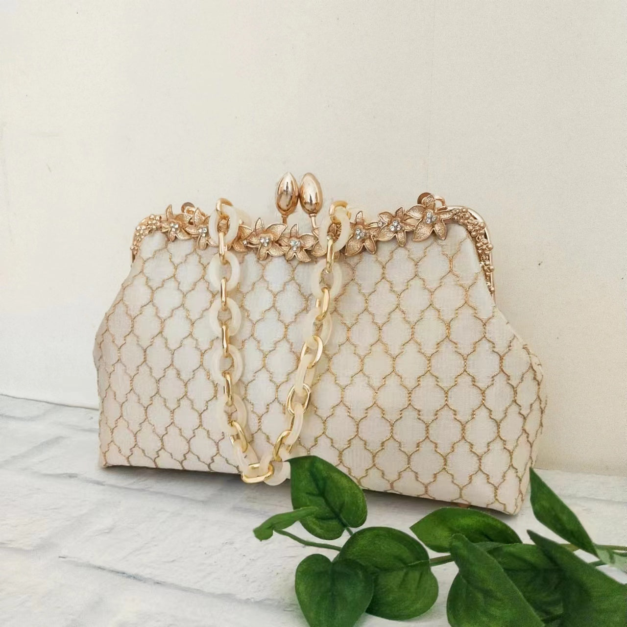 Large Floral Clutch Bag - Diamond Grid