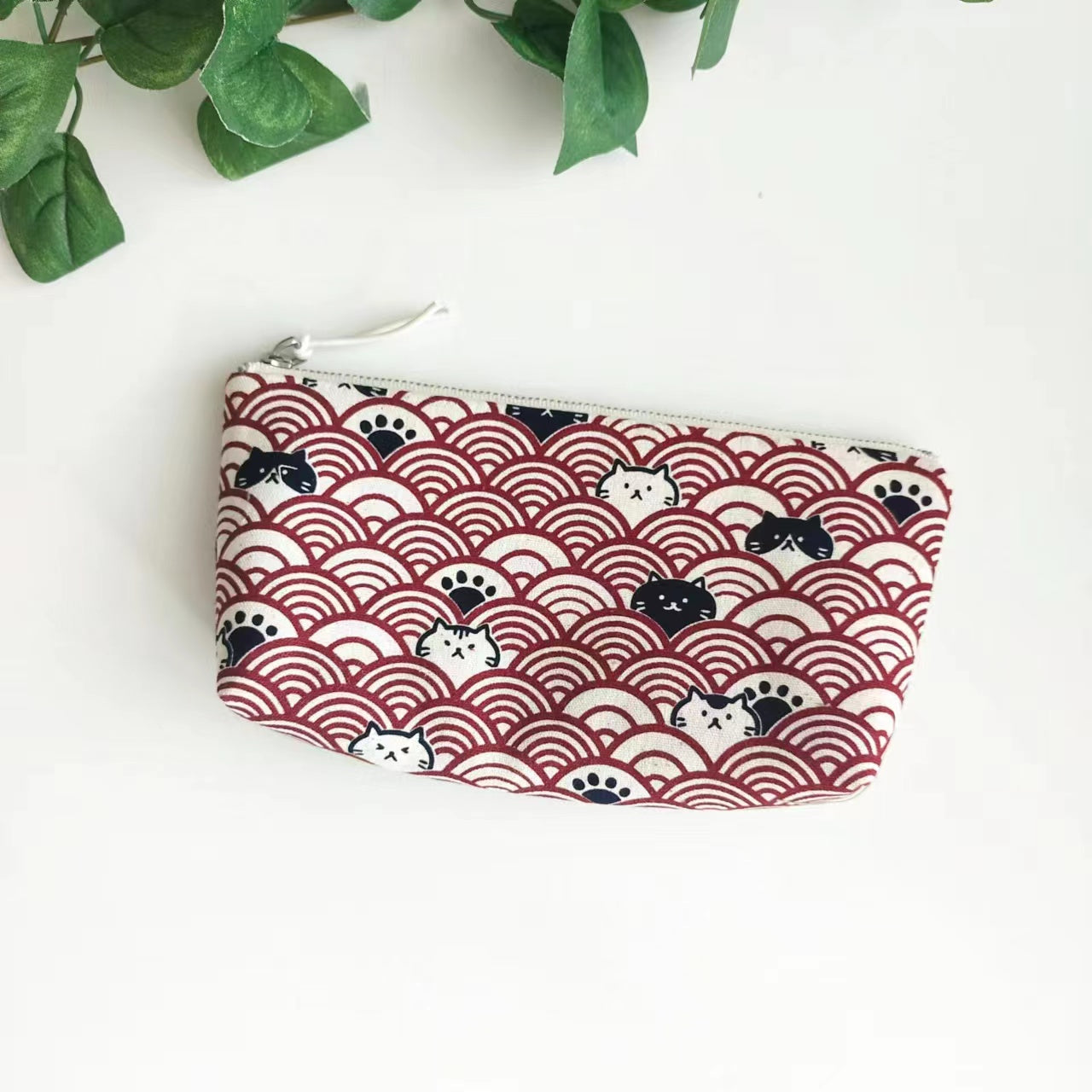 Zipper Pouch, Japanese Indigo, Pencil Case, Glasses Case, Cats in Wave