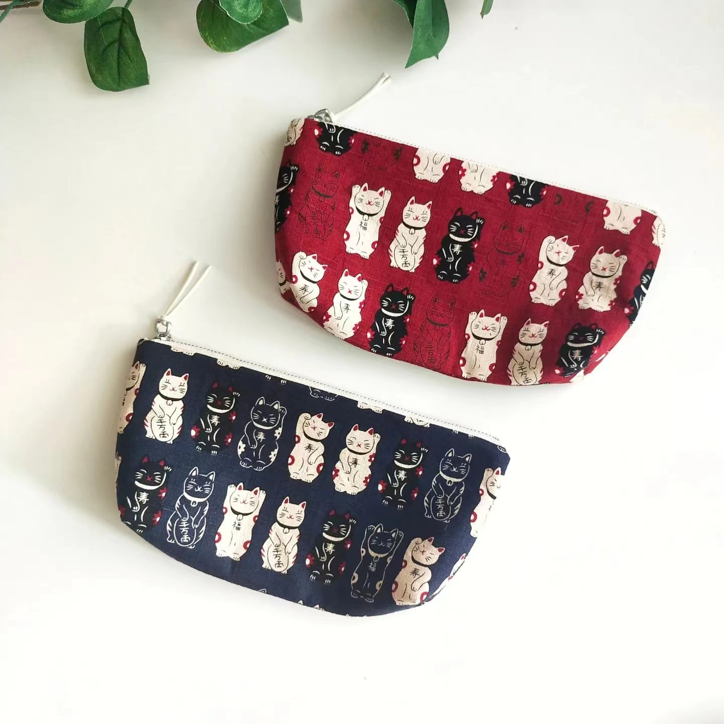 Zipper Pouch, Japanese Indigo, Pencil Case, Glasses Case, Lucky cat