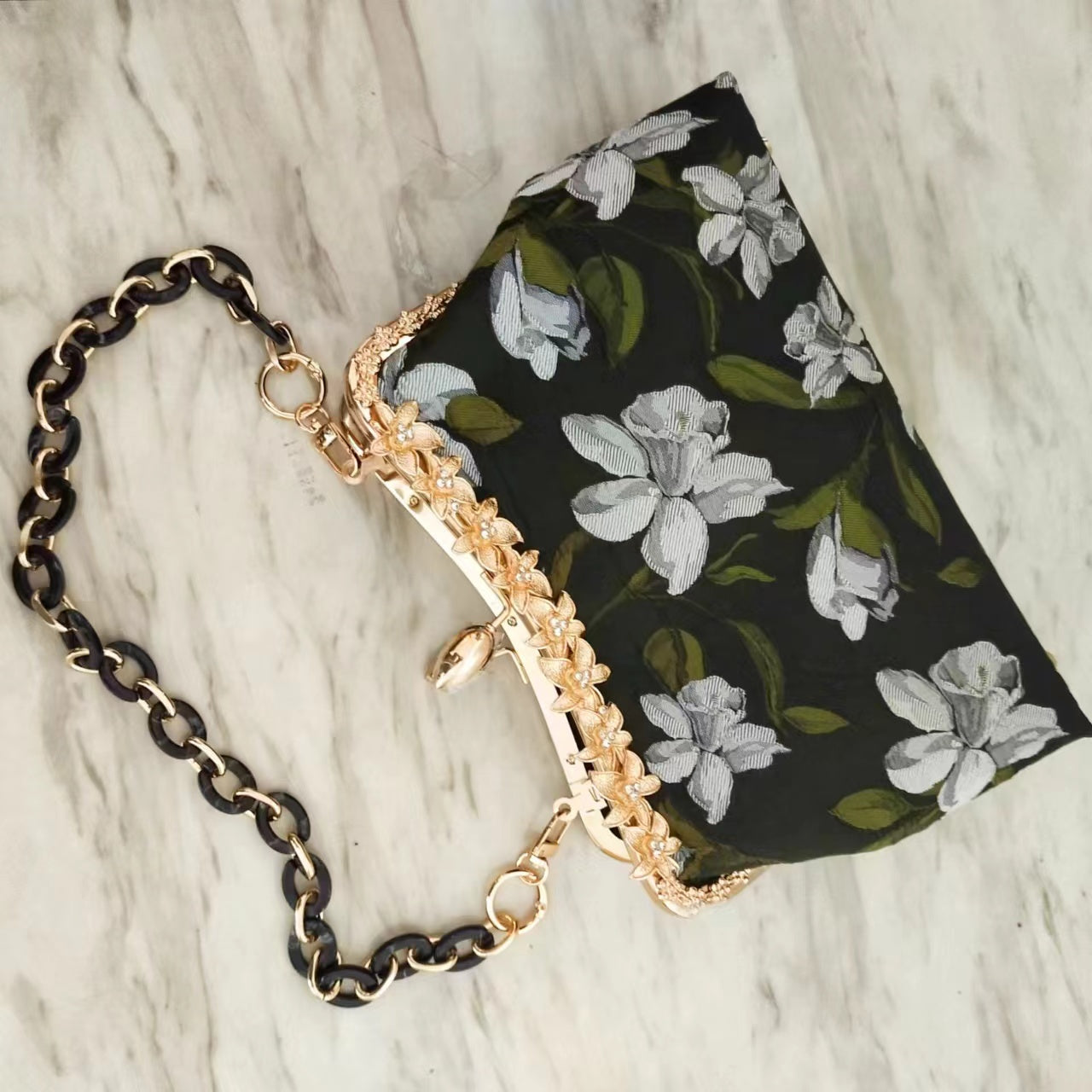 Large Floral Clutch Bag - Floral On Black