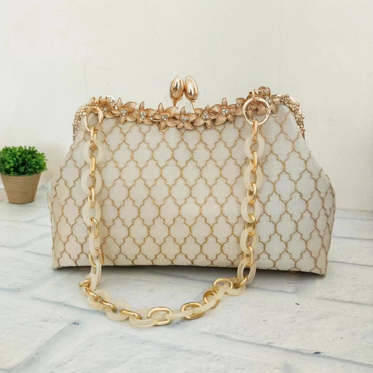 Large Floral Clutch Bag - Diamond Grid