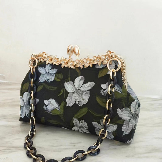 Large Floral Clutch Bag - Floral On Black