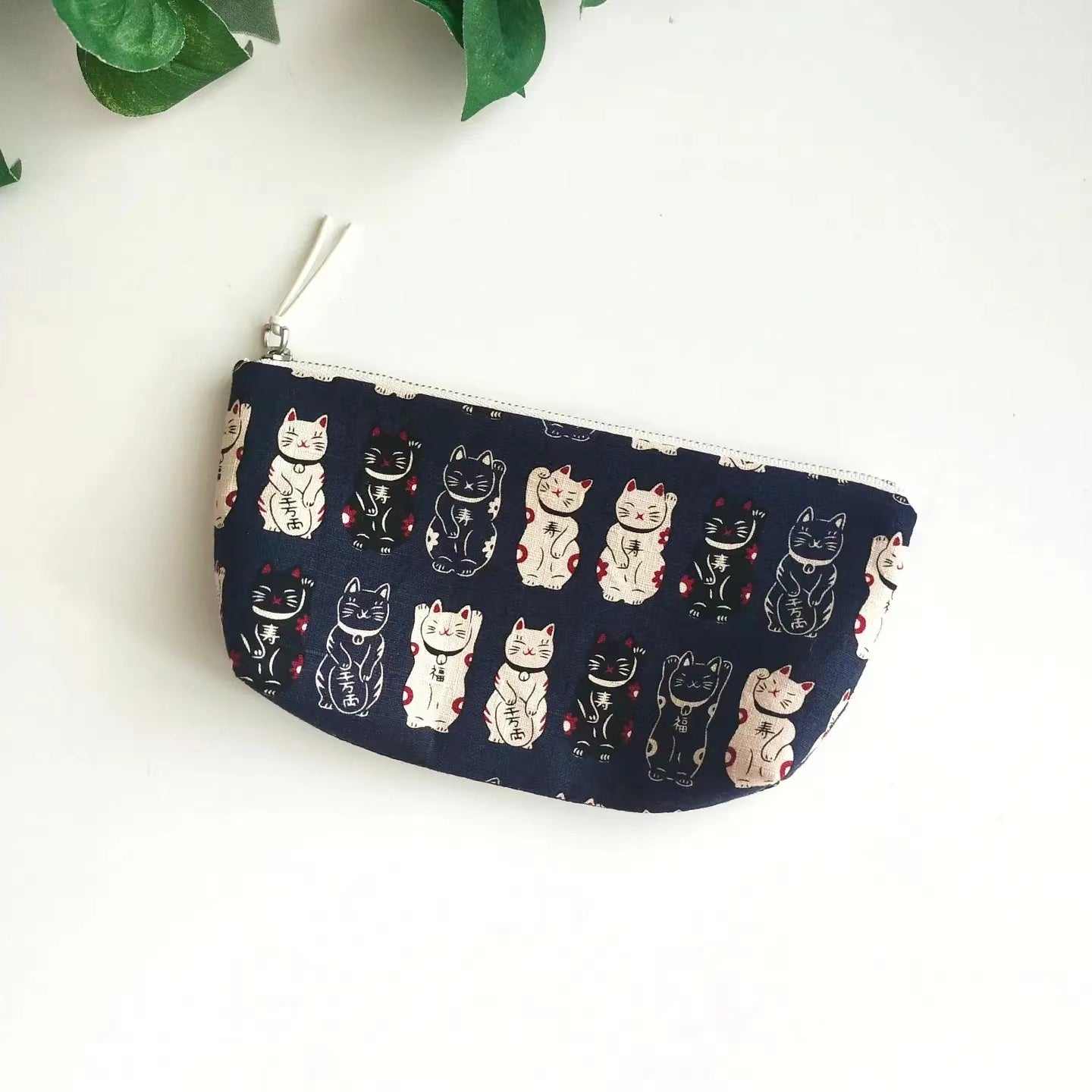 Zipper Pouch, Japanese Indigo, Pencil Case, Glasses Case, Lucky cat