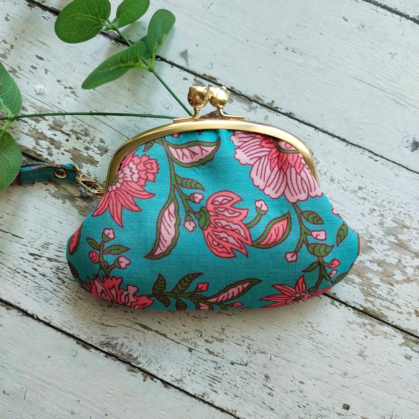 Double Clasp Wristlet Purse - Pink Floral On Mint