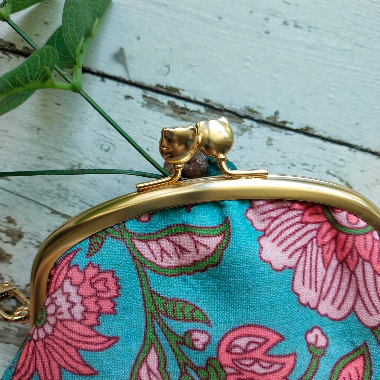 Double Clasp Wristlet Purse - Pink Floral On Mint