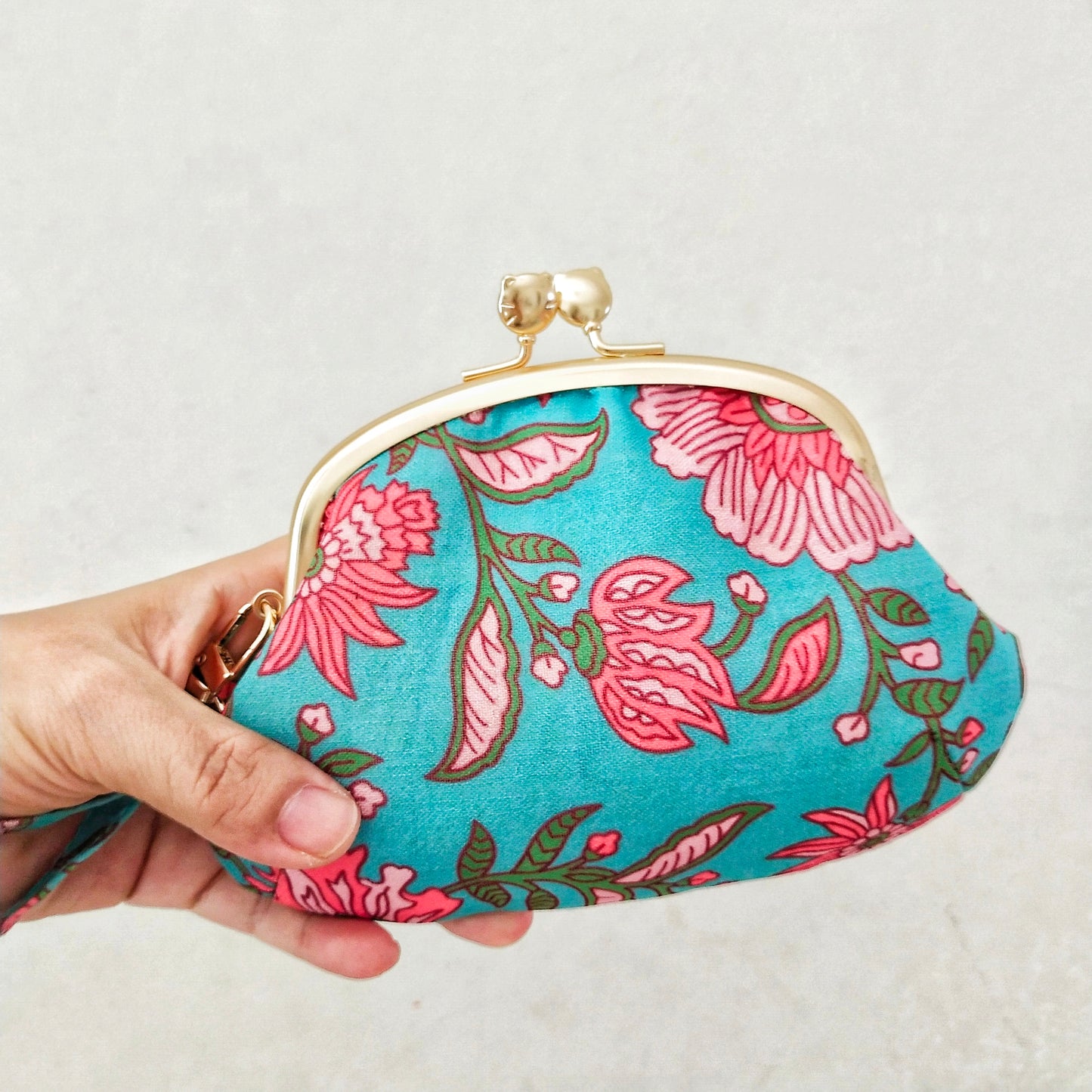 Double Clasp Wristlet Purse - Pink Floral On Mint